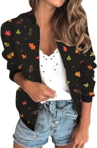 chaqueta cortavientos casual de mujer con hojas tipo bomber