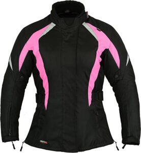 chaqueta cortavientos de moto para mujer en negro y rosa