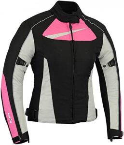 chaqueta cortavientos de moto para mujer en negro,gris y rosa